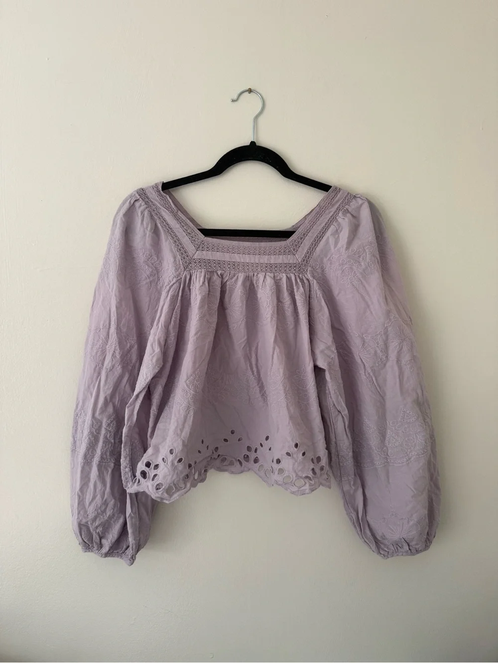 Pastel Purple Bishop Sleeve Blouse Cottagecore Prairie Square Neck Eyelet XS - Picture 4 of 13